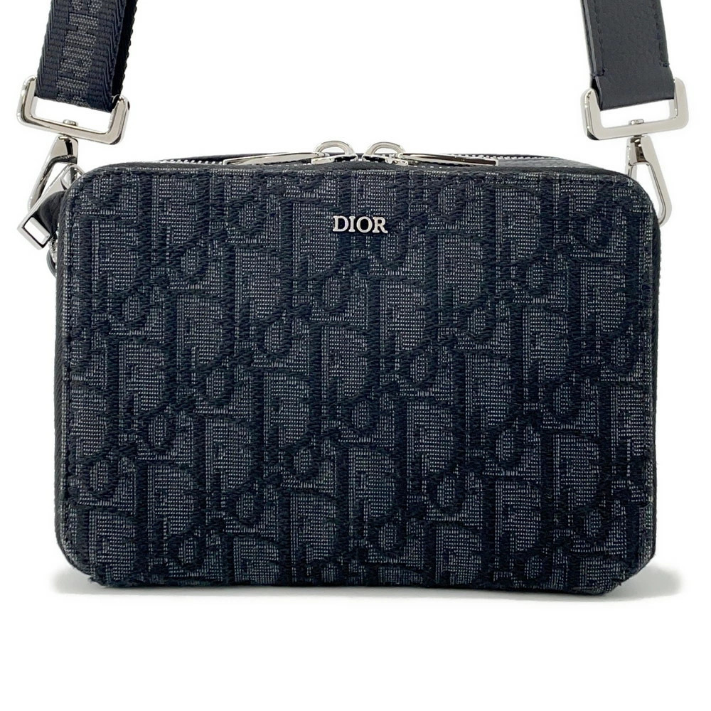 Christian Dior Shoulder Bag Oblique Jacquard Zip Clutch Canvas Black